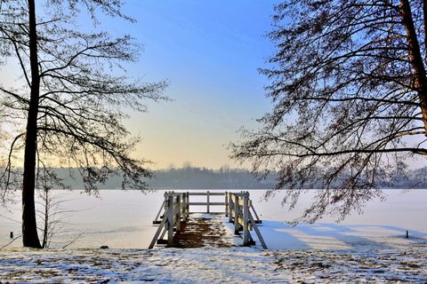 桥，天空，心灵的平静，风景，沃尔兹坦，风景，树，雪