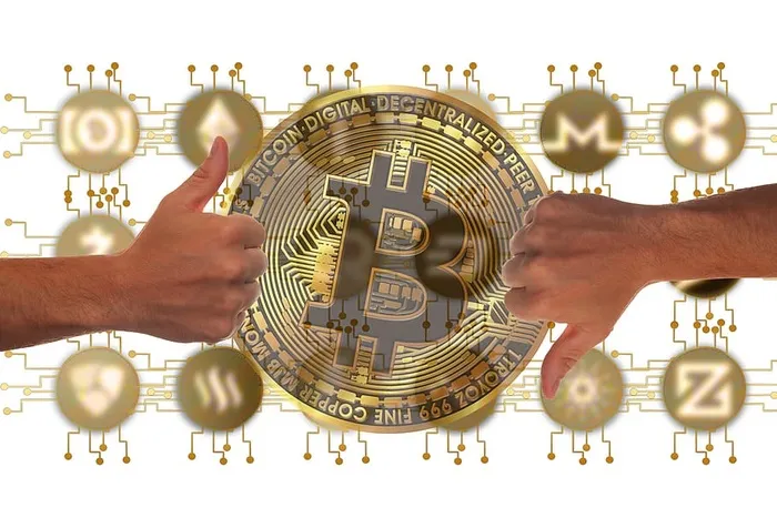 货币、比特币、反馈、拇指、高、低、同意、拒绝