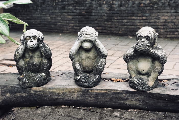 三只聪明的猴子白天在木头上雕刻雕像