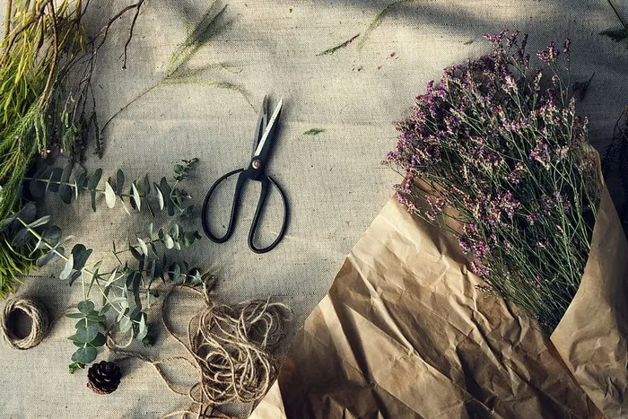 剪刀，花，花，绳子，牛皮纸，花商，工艺品，麻线
