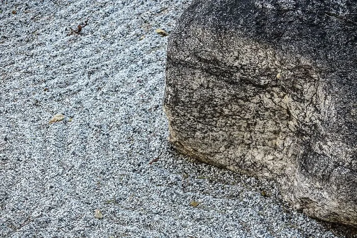 在禅宗花园里耙砾石和大石头。