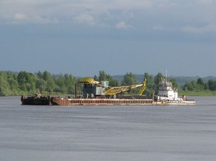 河，拖船，天空，夏天，水，云，平静，桅杆