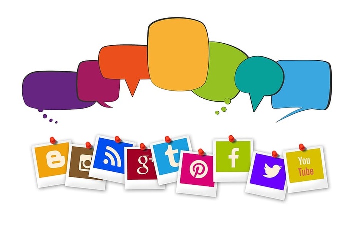 社交、媒体应用程序徽标、气球、云、词云、摘要、对话、讨论