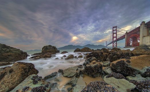 海滩，巨石，桥，海滩，巨砾，桥，云形成，云，黎明，傍晚