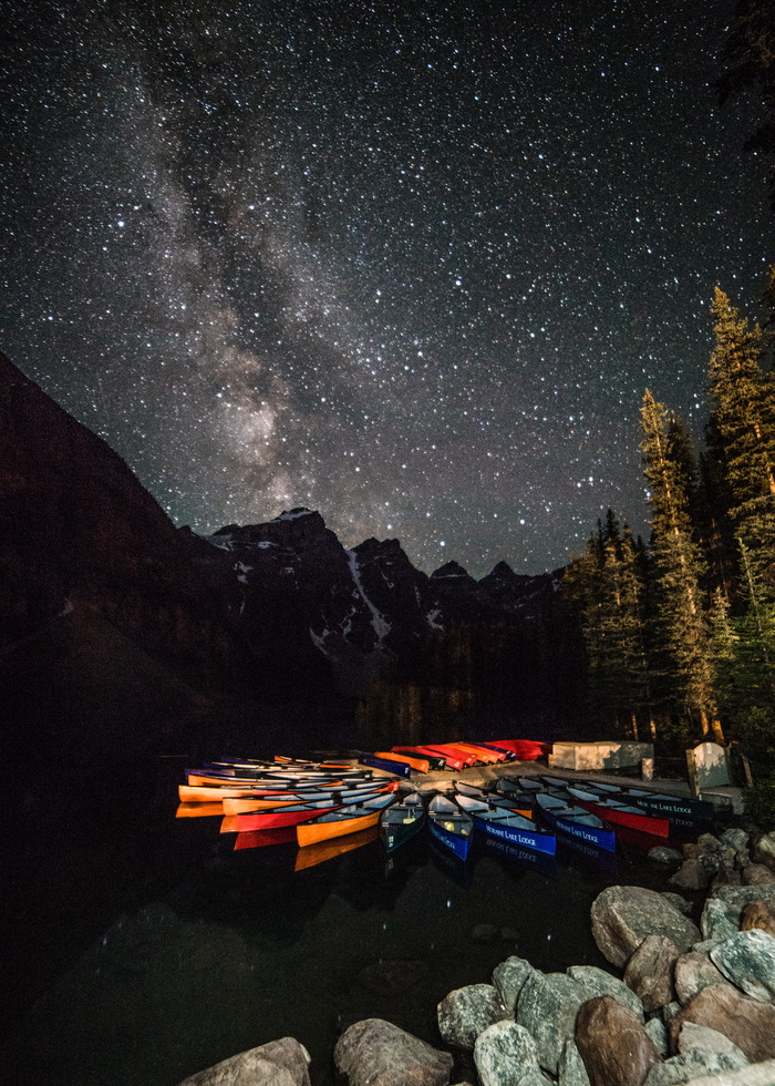 湖，山，森林，天空，星星，夜晚，辉光，光