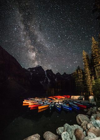 湖，山，森林，天空，星星，夜晚，辉光，光