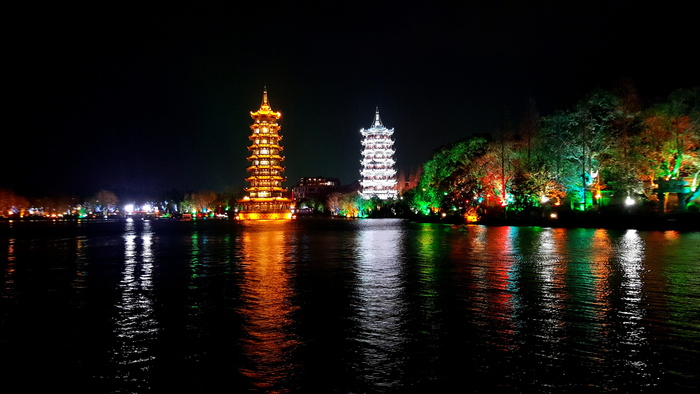 双子塔, 桂林, 夜景, 夜, 照明, 倒影, 建筑, 水
