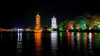 双子塔, 桂林, 夜景, 夜, 照明, 倒影, 建筑, 水
