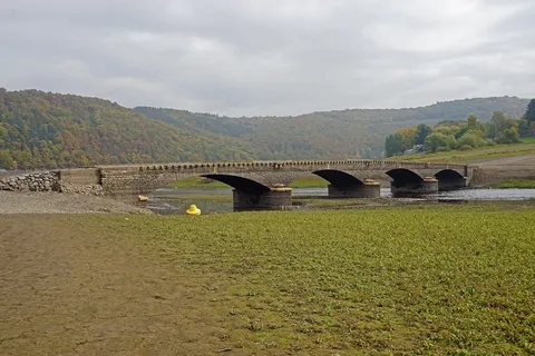 edersee，低潮，海登大桥，基础，湖泊，水，建筑，桥梁