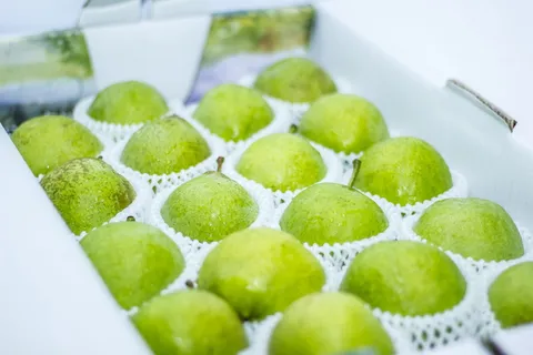 梨，福梨，礼品盒，食品，食品和饮料，绿色，摄影棚拍摄，室内