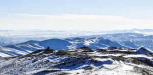 山，雪，冬天，远处，烟，城市，蓝色，寒冷