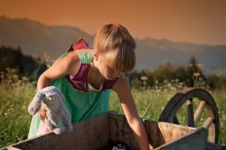 女孩，采摘，东西，手推车，童年，孩子，出去，自然