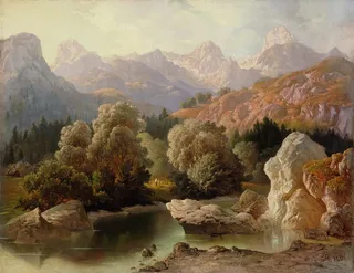 绿色、橙色、树木、河流绘画、安东·卡林格、艺术、艺术、绘画