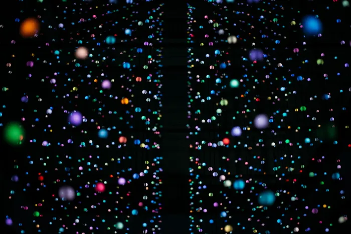 多色、弦灯、夜间、对称、bokeh、安装、灯光、背景