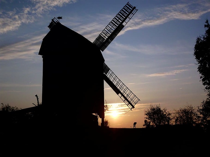 德国，日落，风车，天空，云，剪影，剪影，树木