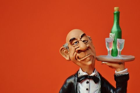 服务员, 携带, 托盘, 酒瓶, 二, 酒杯, 管家, 饮料