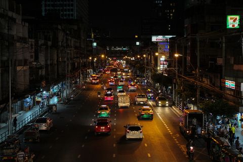 曼谷, 泰国, 城市, 夜, 街道, 交通, 照明, 架构