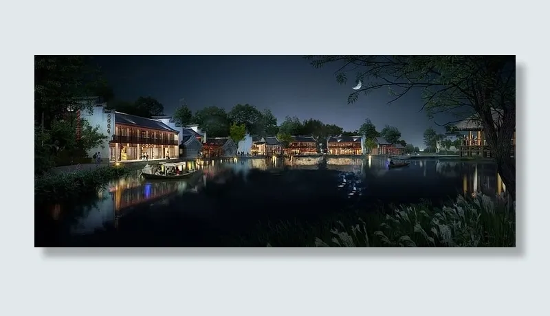 村庄照片，夜间，古镇，夜景，风景，湖，古镇，湖