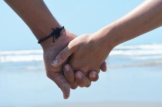 照片，牵手，手，海岸，爱，海滩，海洋，水
