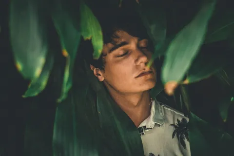 一名身穿白领衬衫的男子闭上眼睛,靠在树叶上 一名身穿白领衬衫的男子闭上眼睛,靠在树叶上