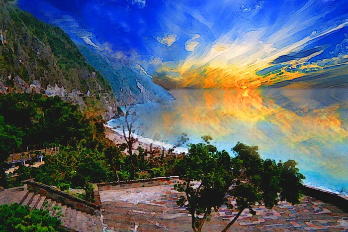 日落，海岸，油画，印象派，蓝色，火，kasumi，植物
