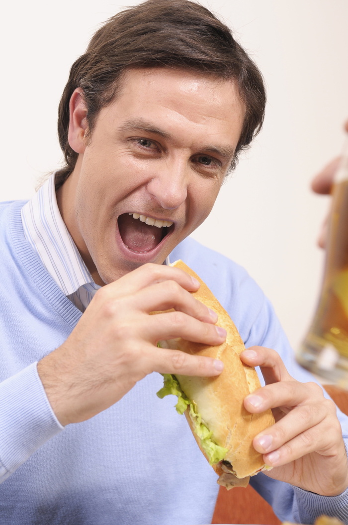 办公室午餐，成年人，男人，人，吃，三明治，食物，商人
