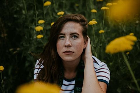 成人、美丽、模糊、特写、花朵、女孩、草地、户外