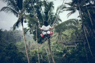 白天坐在森林边缘秋千上的人