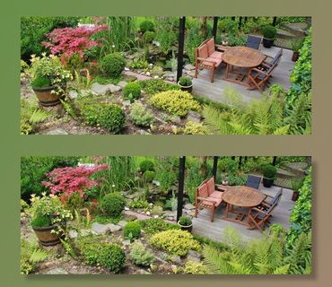 空的、棕色的、木制的、椅子、桌子、中间、花园、露台