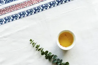 白色餐桌垫上酱汁旁的绿叶植物