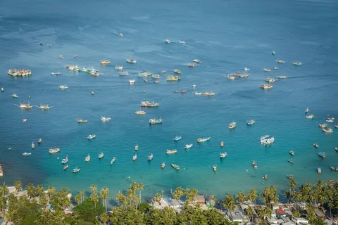 海、山、树、船、水、高角度视图、自然、白天
