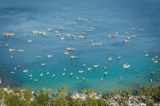 海、山、树、船、水、高角度视图、自然、白天