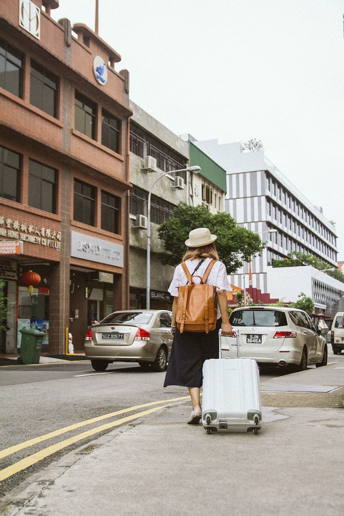 女人，拉，白色，硬面行李，城市，城市，人，旅行