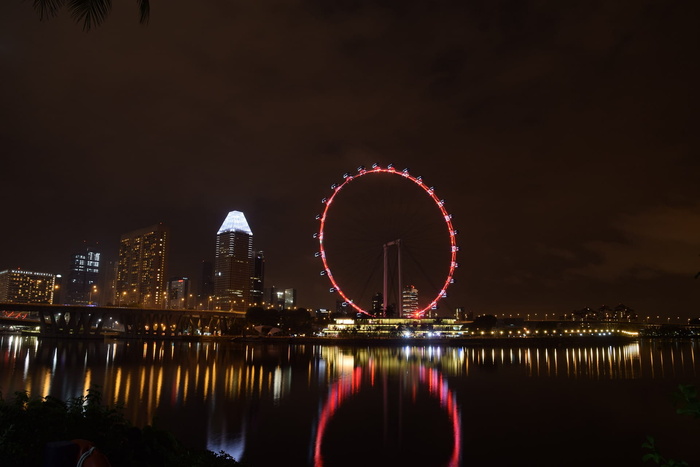 摩天轮旁建筑物夜间全景照片