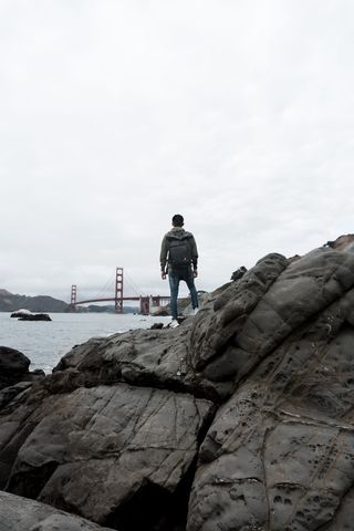 美国, 旧金山, 贝克海滩, 背包, 岩石, 冒险, 人, 肖像