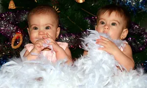 姐妹，双胞胎，雪花，圣诞节，圣诞树，爱，美，天真