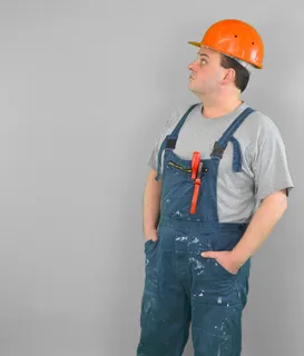 男人, 穿着, 蓝色, 工作服, 橙色, 硬, 帽子, 工人