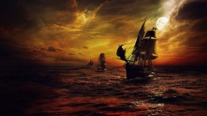 棕色，帆船船插图，船，风暴，海，夜，幻想，红色