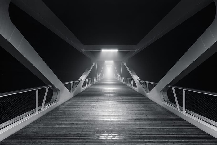 桥，木头，建筑，灯光，黑暗，夜晚，夜晚，黑白