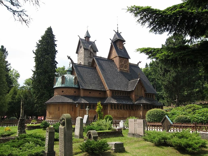 Stave Church，Wang，Karpacz，波兰，Stave Church Wang，森林，建筑，墓地