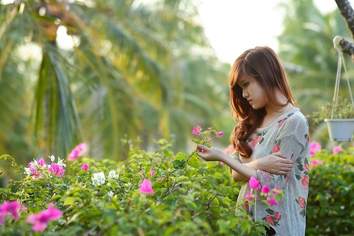 身穿白色、粉色和绿色花朵连衣裙、手持粉色三角梅花的女子