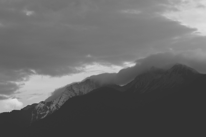 灰度照片，山，云，黑，白，照片，山，峰