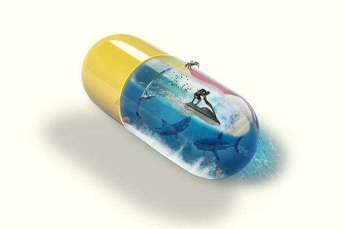 操作，药丸胶囊药，滑水，鲨鱼，螃蟹，海星，海洋