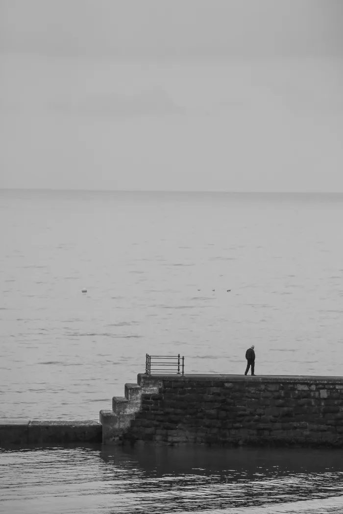 人、站立、混凝土、码头、石头、平台、海滩、大海