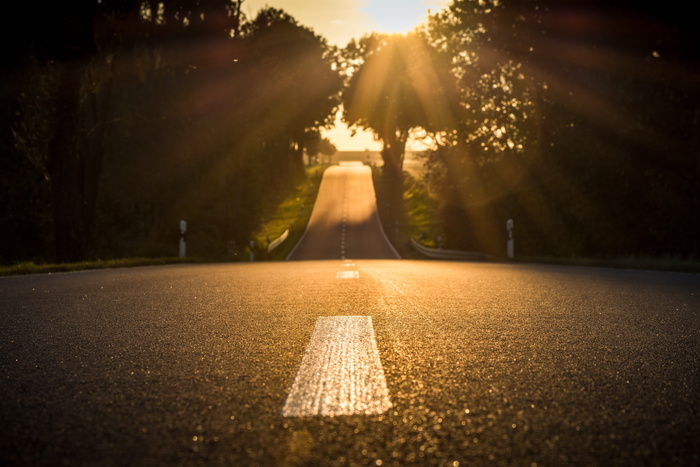 道路、日落、背光、景观、abendstimmung、心情、太阳、光线