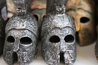 选择性，聚焦摄影，二，角斗士头盔，头盔，防护头盔，希腊，希腊