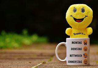 白色陶瓷杯，上面有黄色毛绒玩具