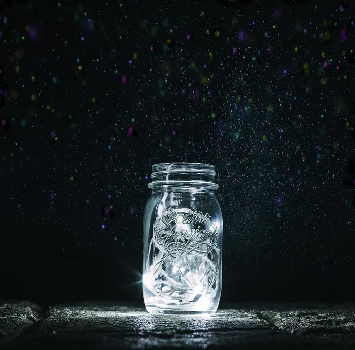 透明、梅森罐、黑色、表面、罐、灯光、萤火虫、魔术