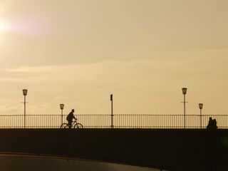 人、骑行、自行车、路灯、桥梁、人、轮廓、轮廓