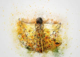 女人，穿着，黄色，花卉，裙子绘画，女孩，裙子，向日葵